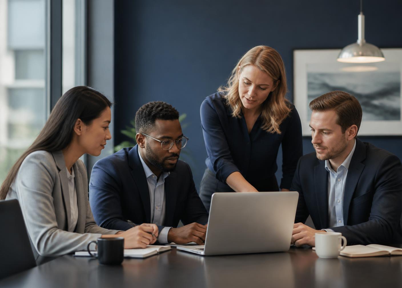 Business team planning a customer outreach campaign in a modern office