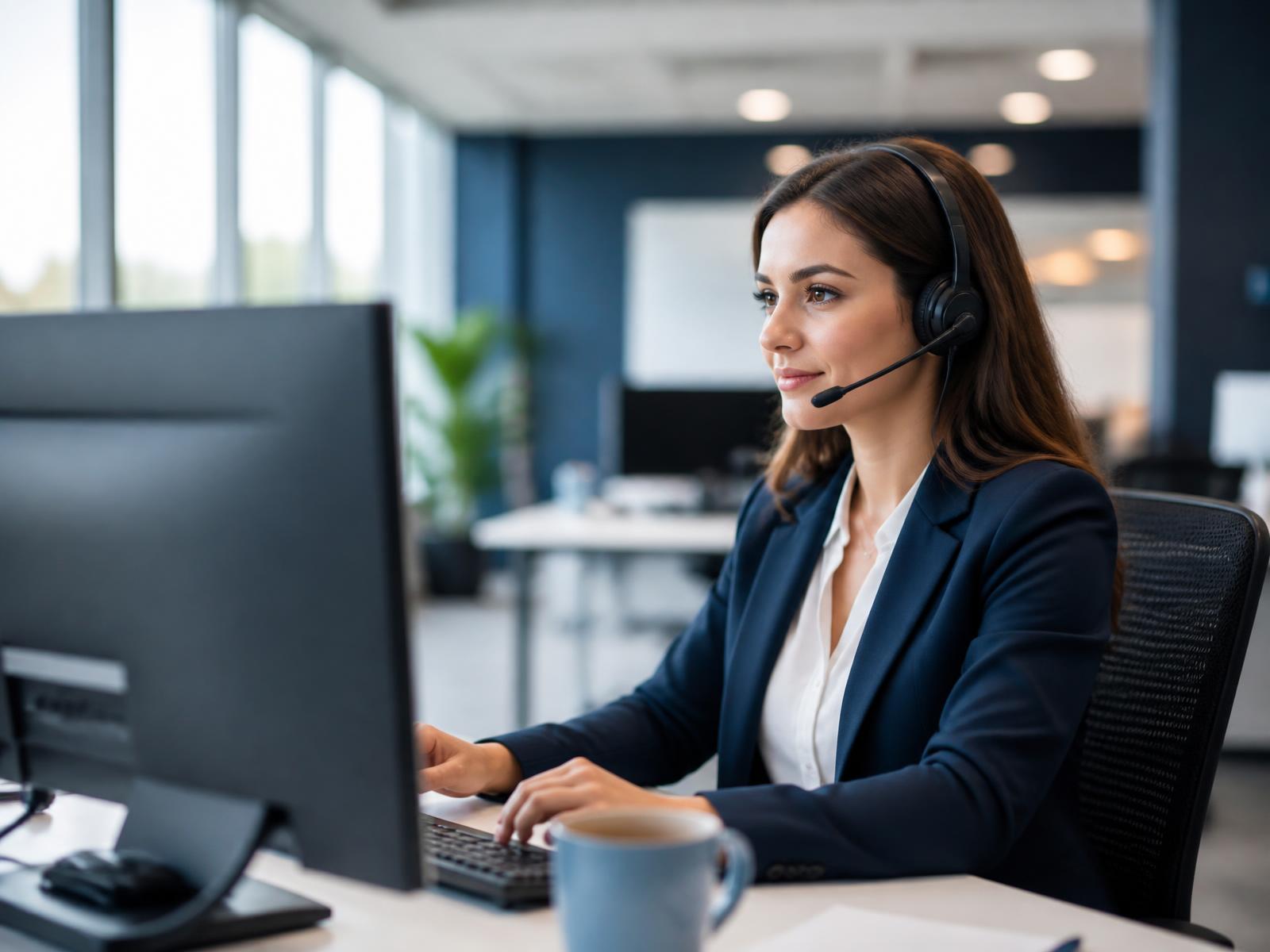 Customer engagement specialist with a headset speaking with a business client in a modern US office
