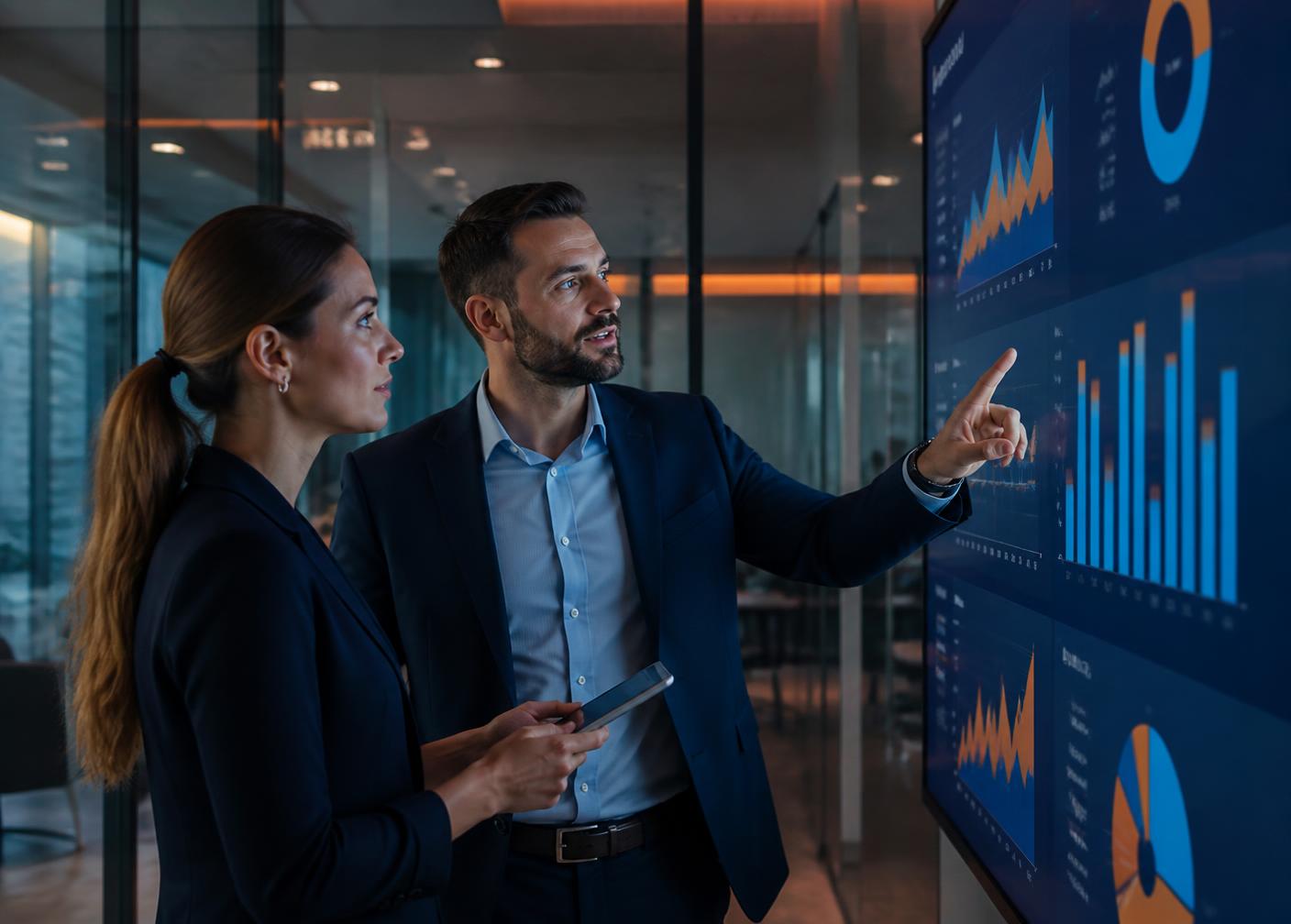 Business professionals reviewing customer outreach campaign results together